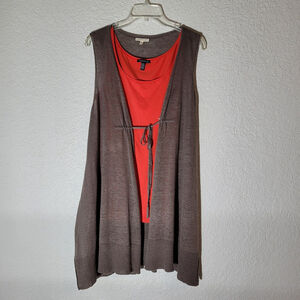 Eileen Fisher Womens Top Set Of 2 Sleeveless Brown Cardigan & Orange Tunic Top S